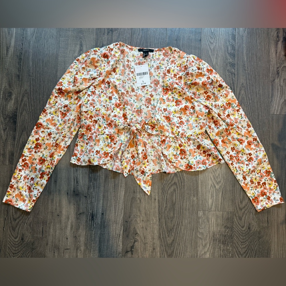 Floral Tie-Front Blouse- Cottage Core, Butter Mom, Women’s Size L.